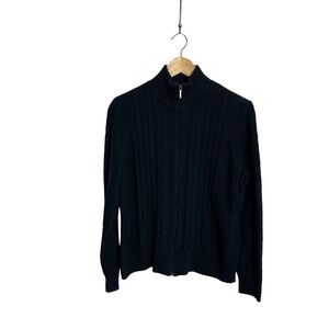 Chaps Ralph Lauren XL Navy Full Zip Cable Knit Sweater Preppy Quiet Luxury